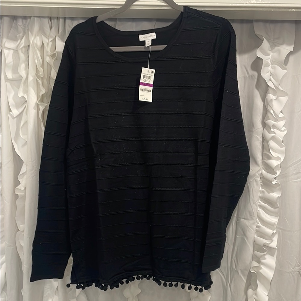 Charter Club textured Black Long Sleeve Top with Pom Pom Hem nwt